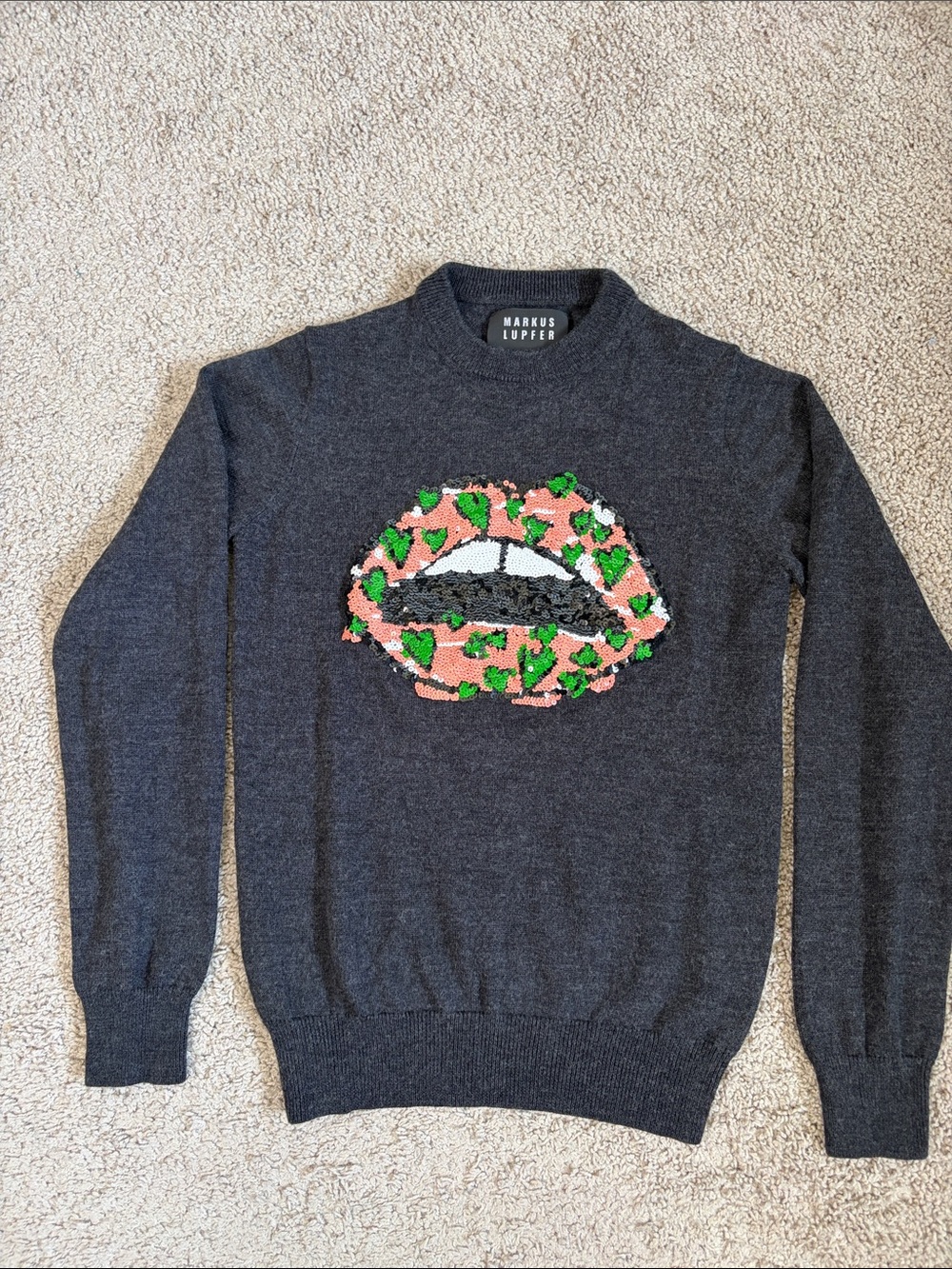 Markus Lupfer Merino Wool Grey Sweater Sequins Pink Green Lips XS Designer Artsy